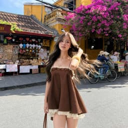(Tặng Quần) Váy Quây Ngực Nhún Bèo Phối Màu Nâu Kem Tiểu Thư Hàn Quốc 3
