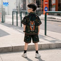 Set Bộ Bé Trai Tiger Jungle MK Kids Áo Sơ Mi Cộc Tay Và Quần Short Đi Chơi - Chất Lụa Mịn Mát Cho Bé 2-10 Tuổi 4