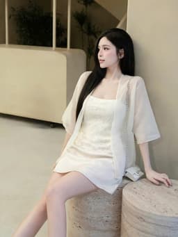 Set bộ 3 món, Set áo 2 dây Ren hoa phối khoác chất Voan mix chân váy dáng chữ A Tuyết Mưa mini_MK 2