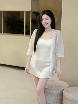 Set bộ 3 món, Set áo 2 dây Ren hoa phối khoác chất Voan mix chân váy dáng chữ A Tuyết Mưa mini_MK 3
