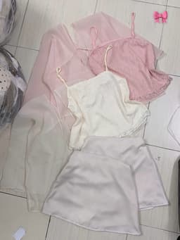 Set bộ 3 món, Set áo 2 dây Ren hoa phối khoác chất Voan mix chân váy dáng chữ A Tuyết Mưa mini_MK 7