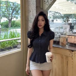 Áo Sơ Mi Nữ Kẻ Sọc Tay Phồng Chiết Eo Cổ Đức Dáng Peplum Thanh Lịch Công Sở Hàn Quốc 2
