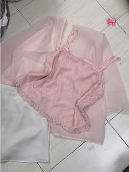 Set bộ 3 món, Set áo 2 dây Ren hoa phối khoác chất Voan mix chân váy dáng chữ A Tuyết Mưa mini_MK 8