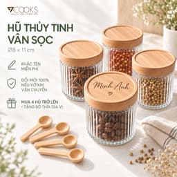 Hũ Thủy Tinh Vân Sọc Nắp Gỗ  7COOKS Cao Cấp, Lọ Đựng Đồ Khô Decor Bếp,Khắc Tên Miễn Phí, Bao Bể Vỡ, Tặng Thìa Gỗ 1