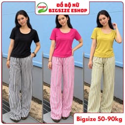 Đồ Bộ Nữ Bigsize ESHOP DB338 Áo Tay Ngắn Phối Quần Sọc Ống Rộng Suông, Set Mặc Nhà Đi Chơi Thoải Mái 1
