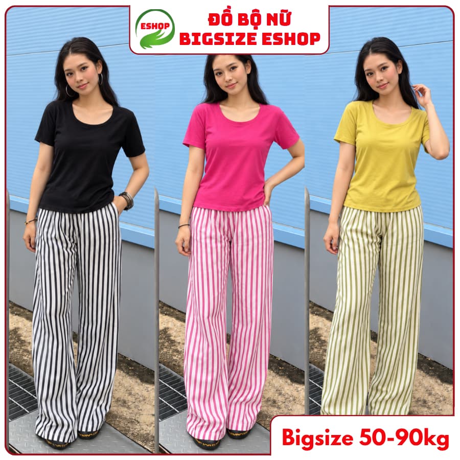 Đồ Bộ Nữ Bigsize ESHOP DB338 Áo Tay Ngắn Phối Quần Sọc Ống Rộng Suông, Set Mặc Nhà Đi Chơi Thoải Mái