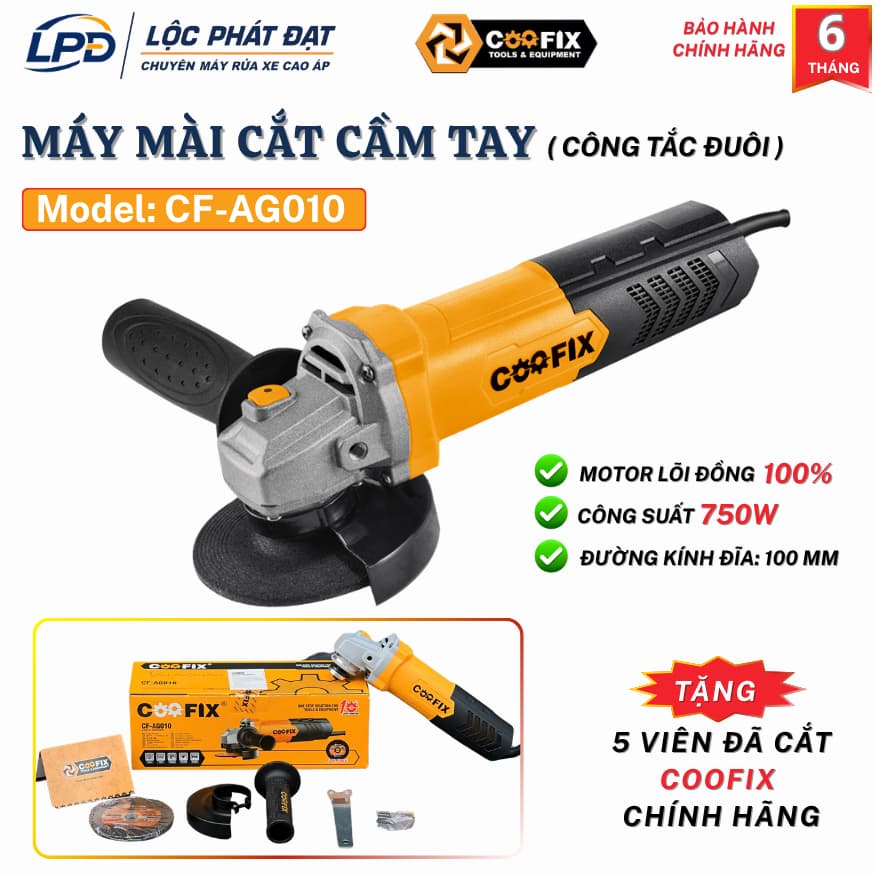 Máy mài cắt cầm tay COOFIX CF-AG010 công suất 750W công tắc đuôi cực bền, tặng thêm 5 đá cắt chính hãng