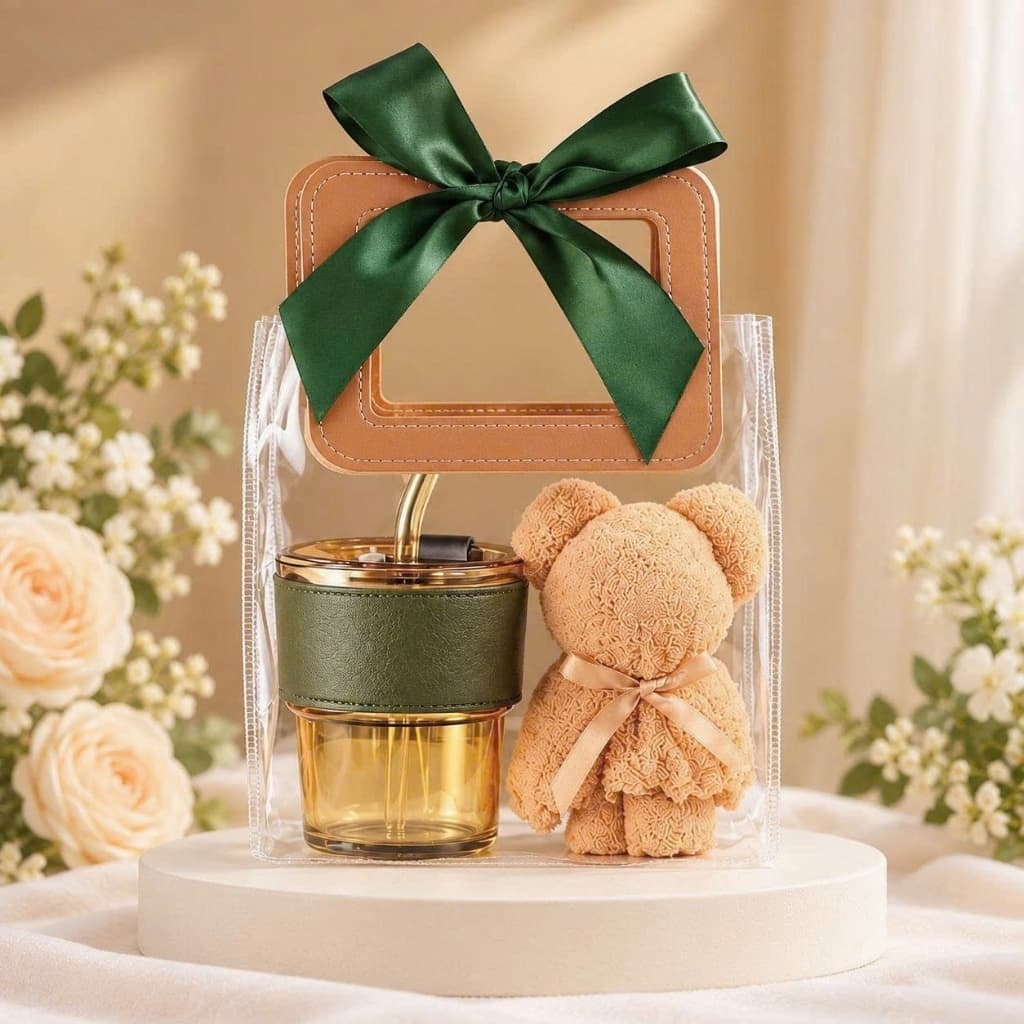 Set quà tặng cốc thủy tinh kèm gấu khăn và túi trong suốt, hộp quà xinh xắn tặng sinh nhật-Phụ kiện xinh Vân Lee