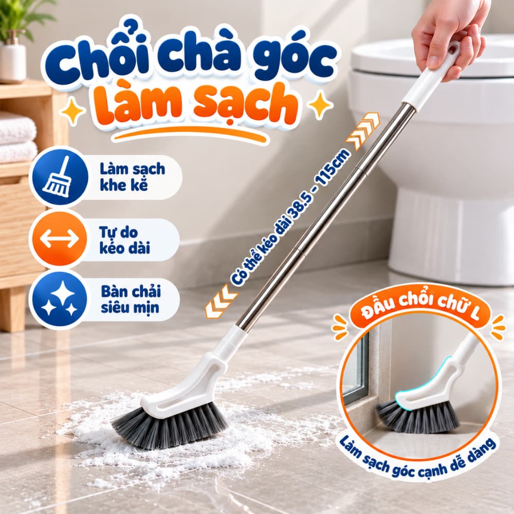 Chổi Cọ Nhà Vệ Sinh Cán Dài Đầu Chữ L Đa Năng TORO, Cây Chà Sàn Nhà Tắm Chà Khe Hẹp Góc Tường, Cửa Sổ Tiện Lợi