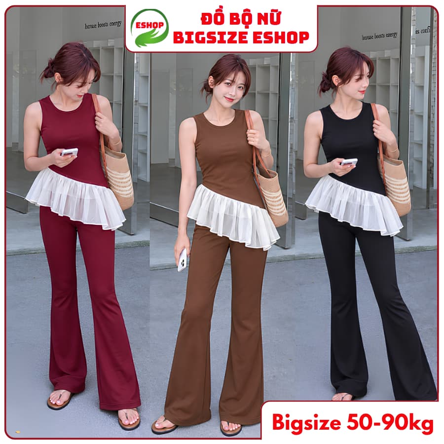 Set Đồ Nữ Bigsize ESHOP MS5009 Áo Thun Tay Ngắn Quần Ống Loe Thun Gân Tăm Co Giãn Có Túi 45-85kg