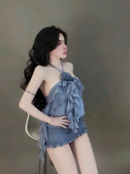 Set váy ngắn, Set áo cổ yếm đính hoa chất Tơ in 3D dáng bí phối chân váy nhún 3 lớp dáng mini_QC 3