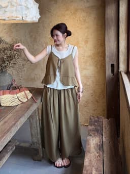 Set bộ 3 món, Set công sở áo Thun phối áo 2 dây kiểu buộc nơ dây chất Đũi mix quần dài suông rộng 6