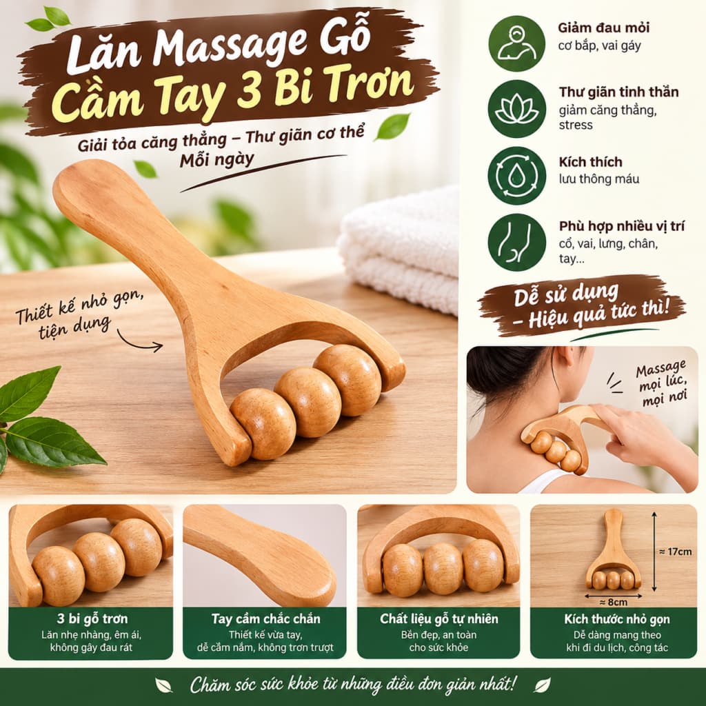 Lăn Massage gỗ cầm tay 3 bi trơn và Con lăn massage ngón tay Kinh tuyến 2 đầu 2026. LMS