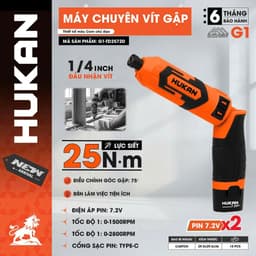 Máy Chuyên Vít Gập HUKAN G1-TD2572D, Lực Siết 25Nm Chỉnh Tốc 2 Cấp - Kèm 2pin 7.2v 1