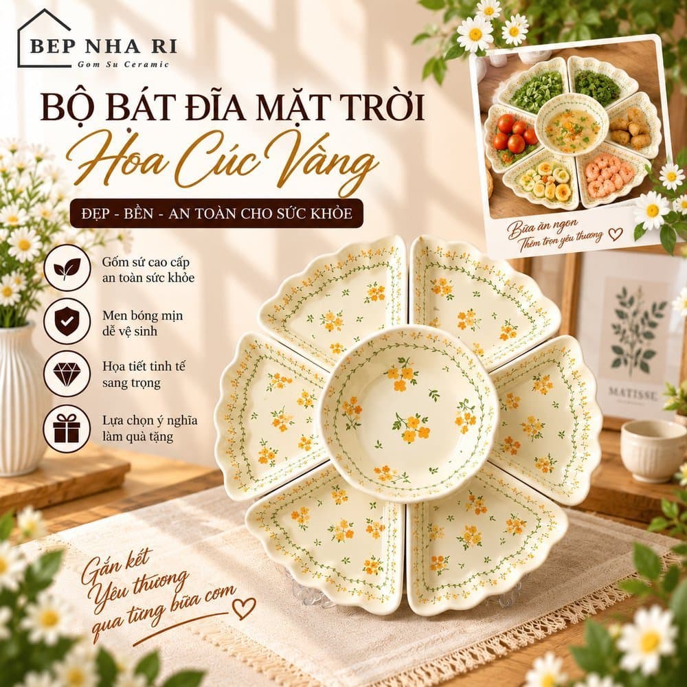 ️[ BepNhaRi ] BỘ BÁT MẶT TRỜI 45cm - Thắp Hương Gia tiên Họa tiết Hoa Cúc Vàng – SẮC VÀNG RỰC RỠ CHO MÂM CƠM