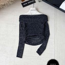 Áo giấy tim phun ánh nhũ trễ vai dài tay mềm 6