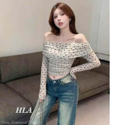 Áo giấy tim phun ánh nhũ trễ vai dài tay mềm 1