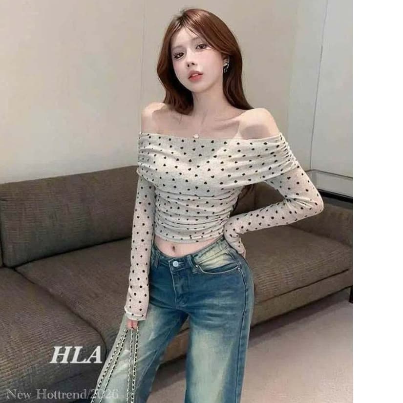 Áo giấy tim phun ánh nhũ trễ vai dài tay mềm