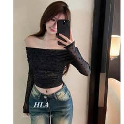 Áo giấy tim phun ánh nhũ trễ vai dài tay mềm 3