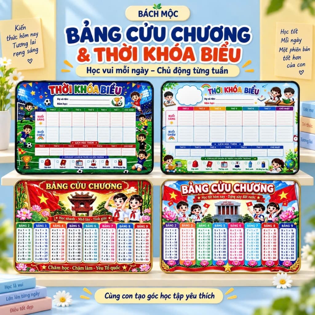 Bảng Cửu Chương, Bảng Thời Khóa Biểu [ TẶNG BÚT VIẾT ] In Tráng Gương  tiện lợi và ý nghĩa cho bé - Bách Mộc