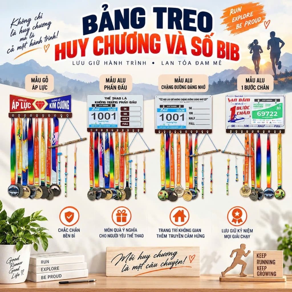 🏅 BẢNG TREO HUY CHƯƠNG VA BIB – LƯU GIỮ MỌI CỘT MỐC VINH QUANG 🏃