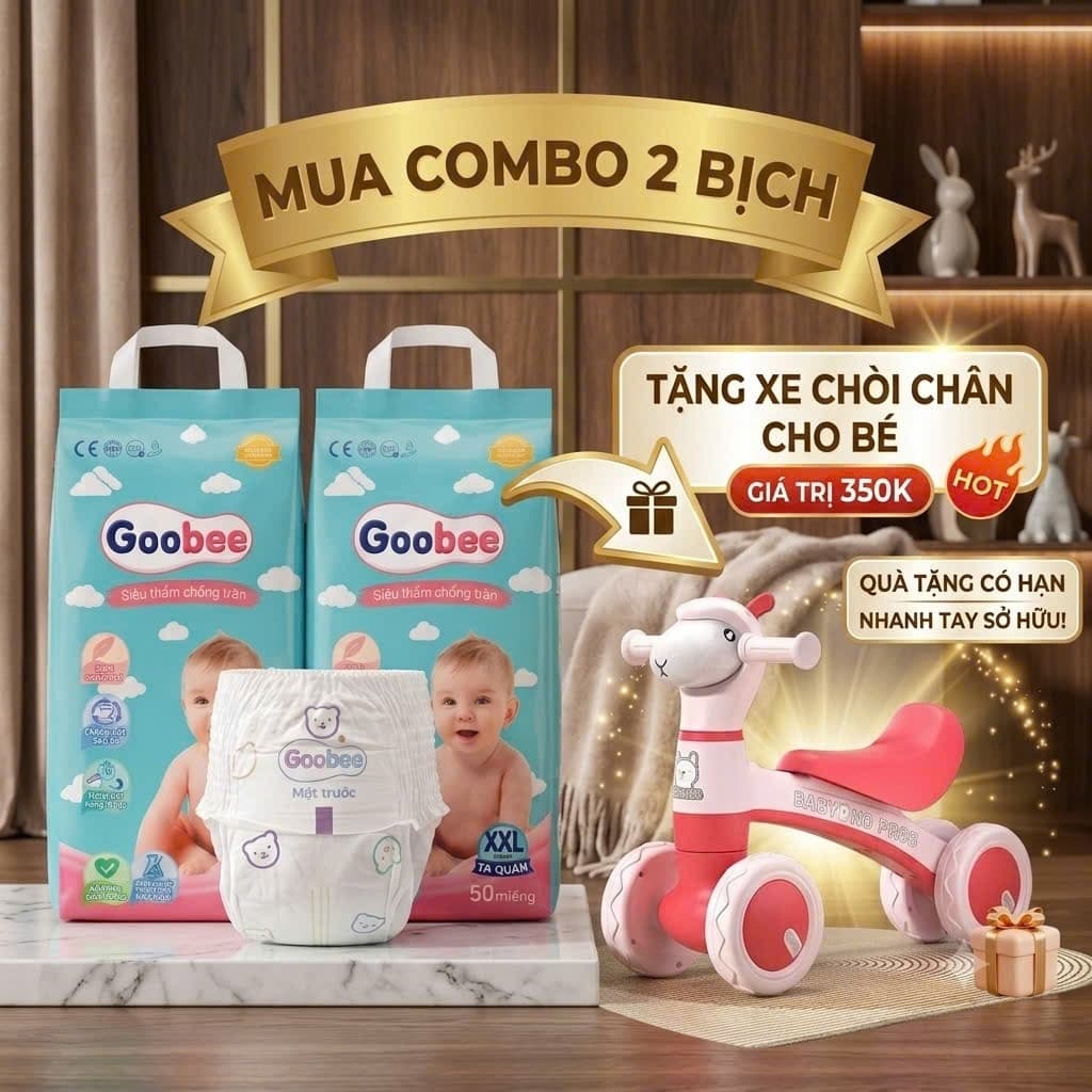 Goobee - 100 Bỉm Quần Cao Cấp Cho Bé Thấm Hút Nhanh Chống Tràn 360 Độ An Toàn Cho Da Nhạy Cảm Kèm Quà Tặng Xe Chòi Chân