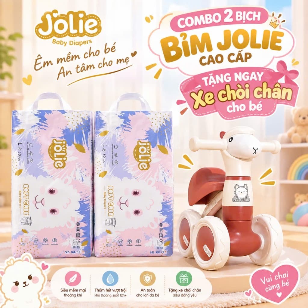 Jolie Combo 100 Bỉm Quần Trẻ Em Form Mỏng Thấm Hút Tốt Kèm Quà Tặng Xe Chòi Chân Cao Cấp Cho Bé Từ 5-21kg