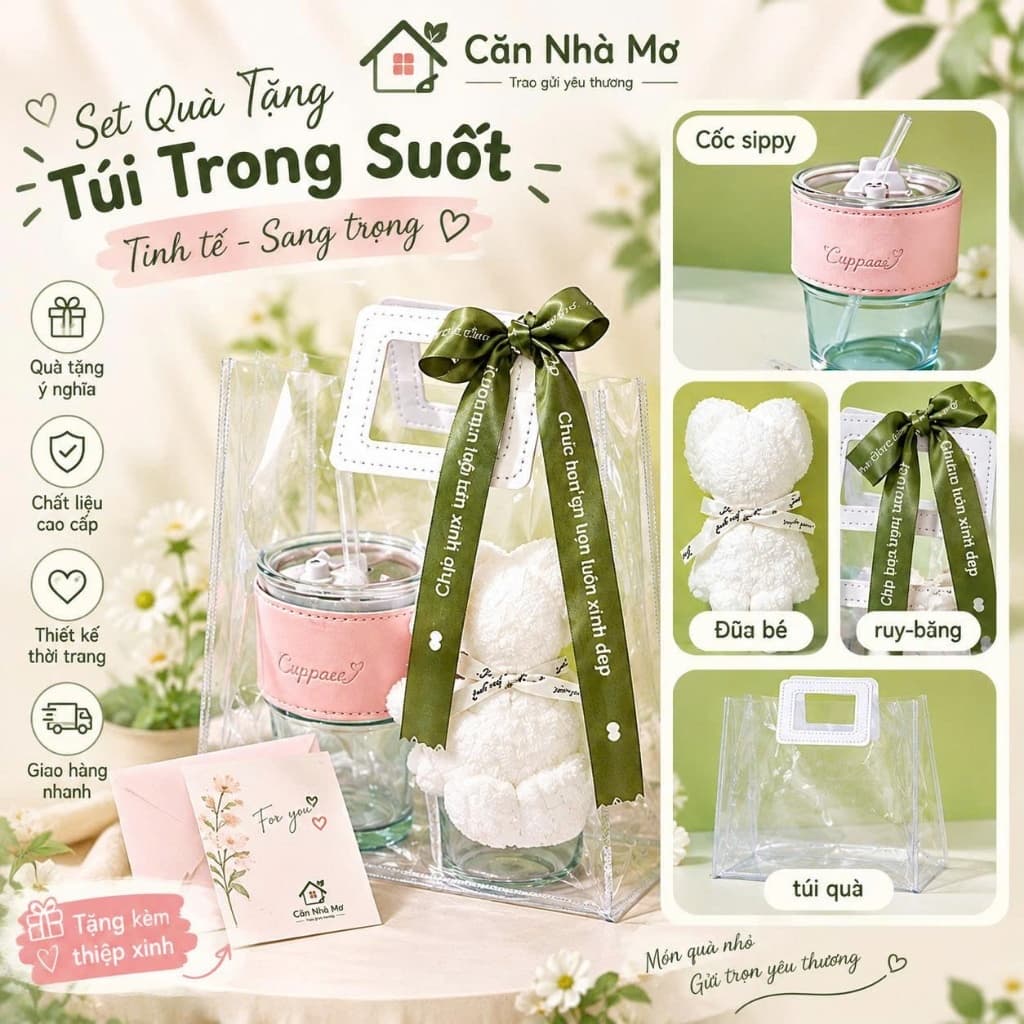 🎁 Set Quà Tặng 20/10 Ly Thuỷ Tinh Trong Suốt Cao Cấp – Kèm Ống Hút, Hộp Sang Trọng,Set Quà Tặng Ly Thuỷ Tinh