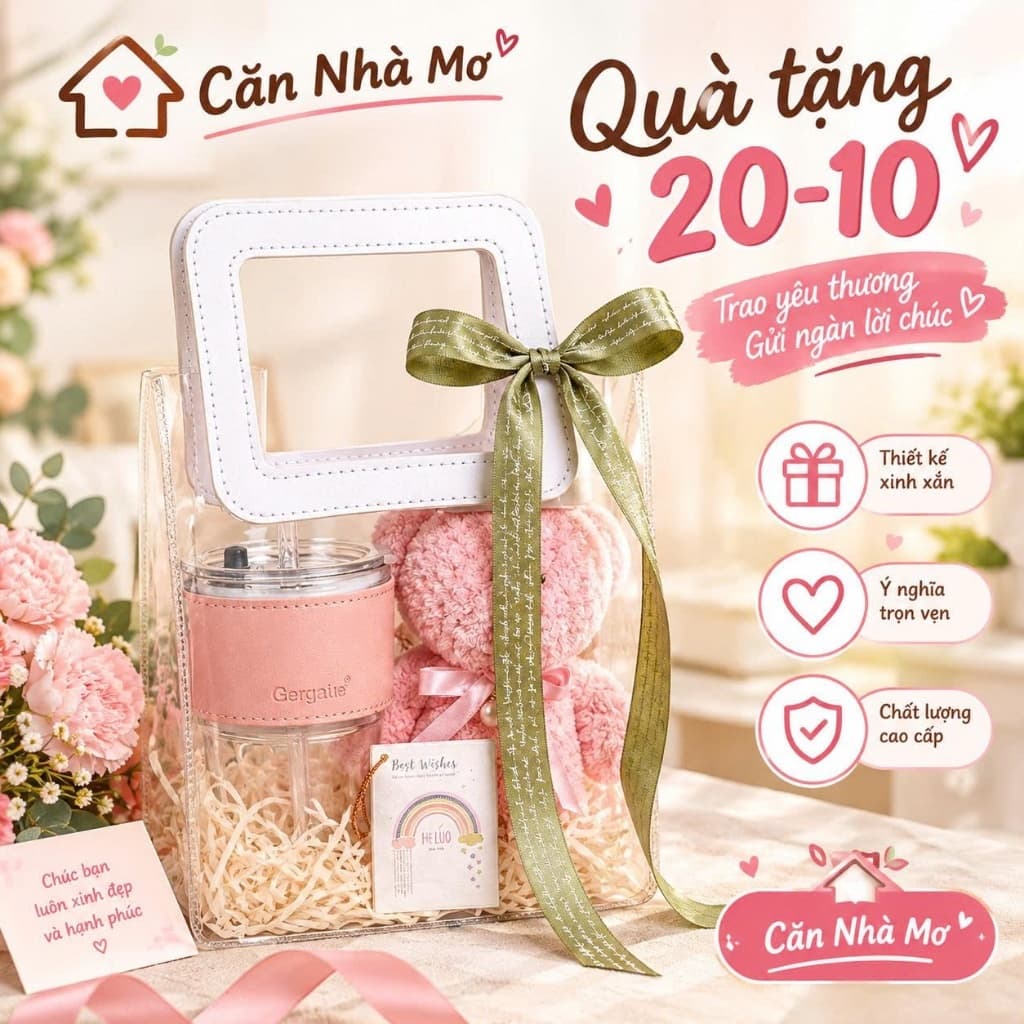 Quà Tặng 20/10 Nữ – Set Quà Tặng Gấu Bông Kèm Bình Nước Dễ Thương, Hộp Quà Xinh Xắn Căn Nhà Mơ