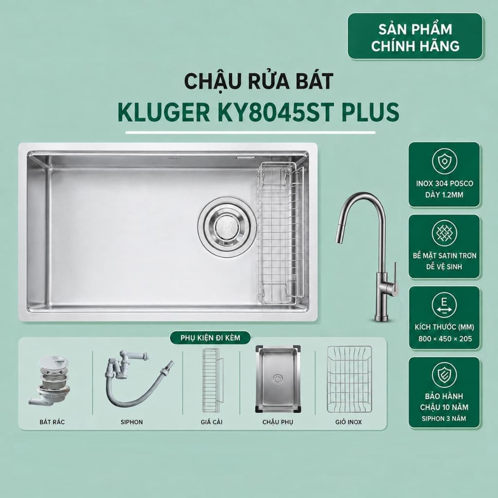 Chậu rửa bát Kluger KY8045ST Plus | Bề mặt trơn dễ dàng vệ sinh