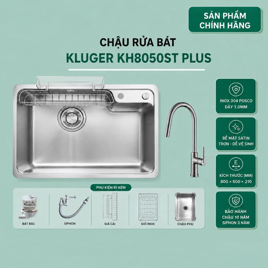 Chậu rửa bát Kluger KH8050ST Plus | Bề mặt trơn dễ dàng vệ sinh | Model 2026
