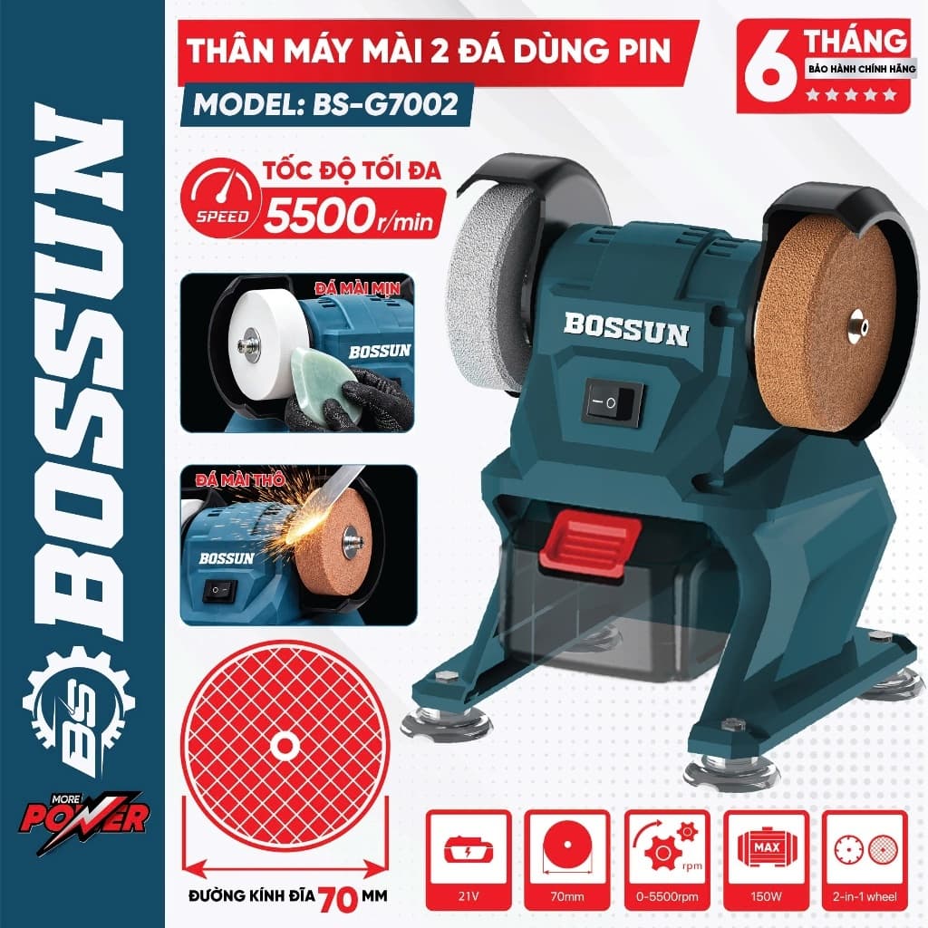 Thân máy mài 2 đá BS BOSSUN BS-G7002, 150w Dùng pin phổ thông 10Cell - Mài mũi khoan, dao kéo,...