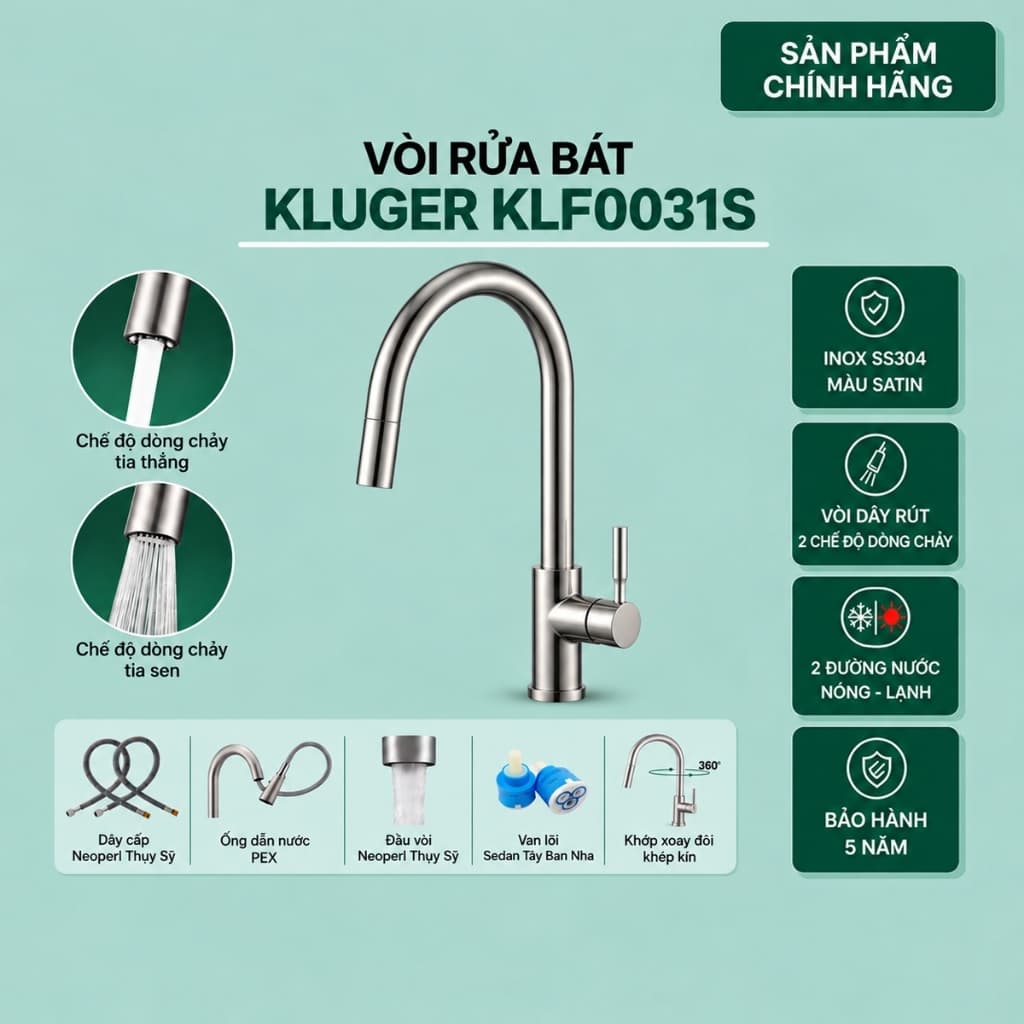 Vòi rửa bát Kluger KLF0031S | Vòi dây rút 2 đường nước Nóng - Lạnh | Hàng chính hãng