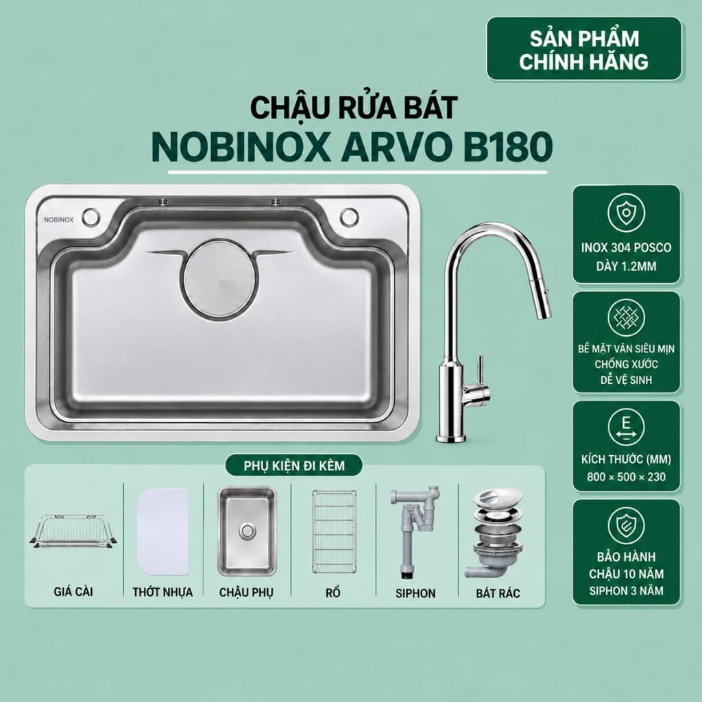 CHẬU RỬA BÁT 1 HỐ NOBINOX ARVO B180 | Kích thước 80x50cm