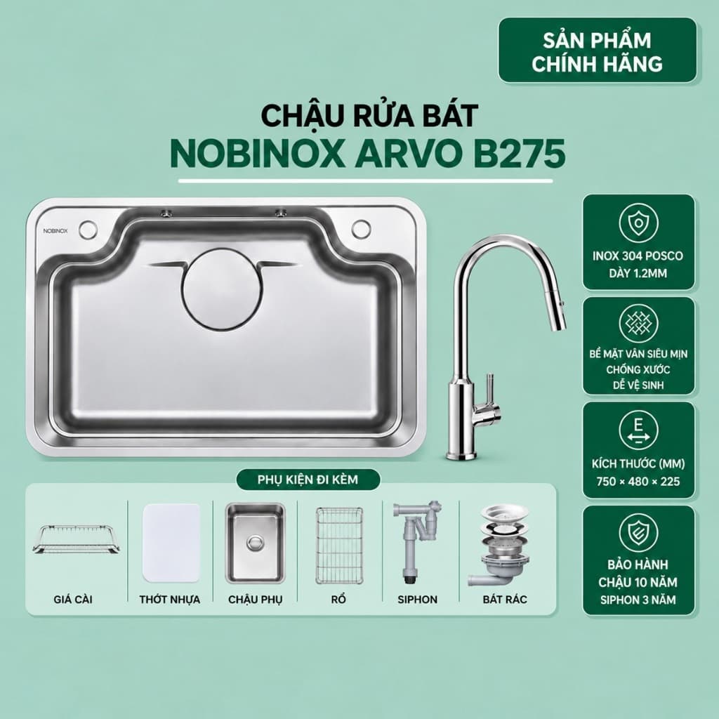 CHẬU RỬA BÁT NOBINOX ARVO B275 | Kích thước 75x48cm