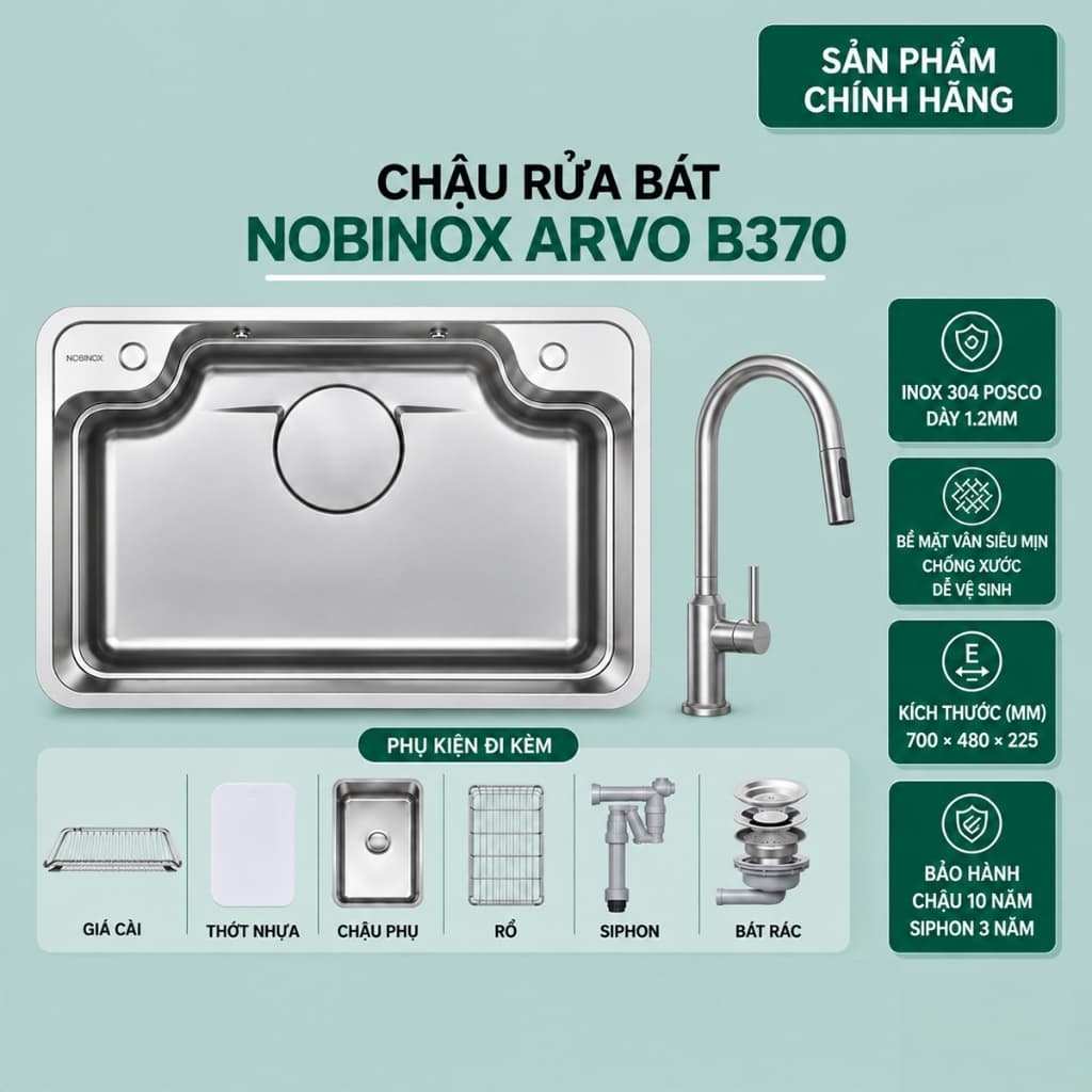 CHẬU RỬA BÁT 1 HỐ NOBINOX ARVO B370