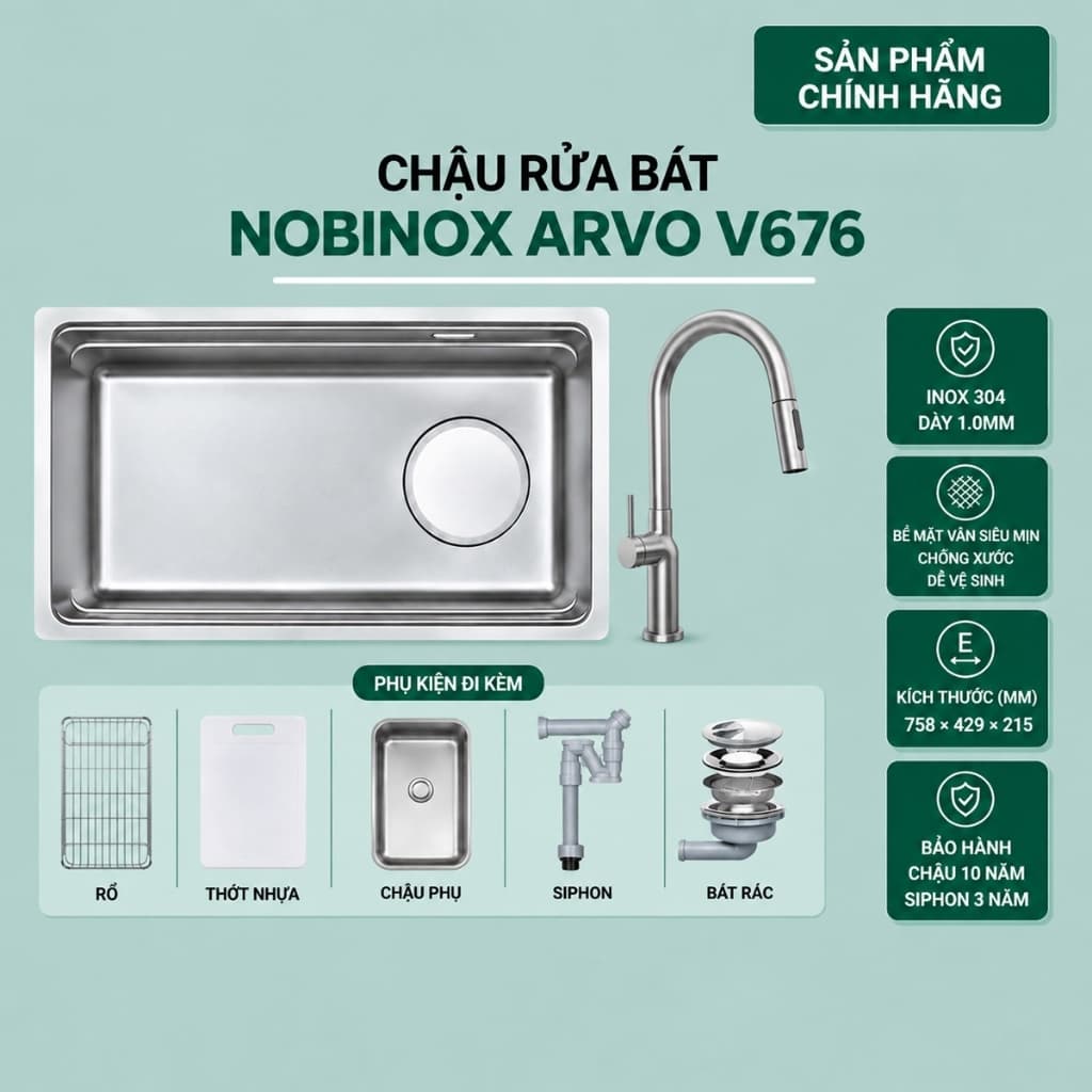 CHẬU RỬA BÁT NOBINOX ARVO V676 | KÍCH THƯỚC 76 x 43CM | VÂN VẢI CHỐNG XƯỚC | Hàng chính hãng