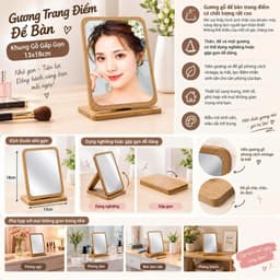 Gương Trang Điểm Để Bàn Khung Gỗ Gấp Gọn 13x18cm và Gương để Bàn Trang điểm đế Gỗ Hình đám Mây. LMS 1