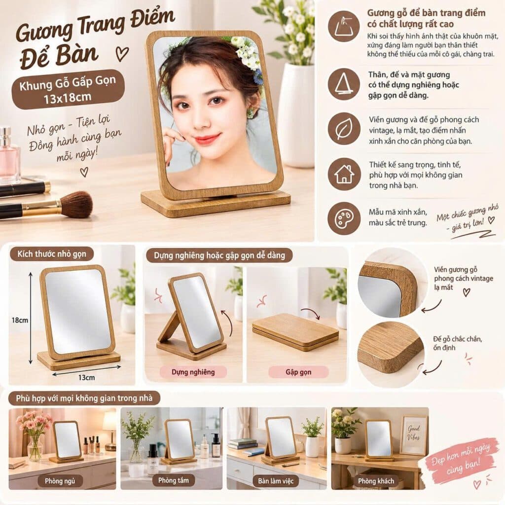 Gương Trang Điểm Để Bàn Khung Gỗ Gấp Gọn 13x18cm và Gương để Bàn Trang điểm đế Gỗ Hình đám Mây. LMS