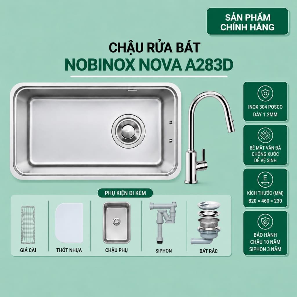 CHẬU RỬA BÁT 1 HỐ NOBINOX NOVA A283D