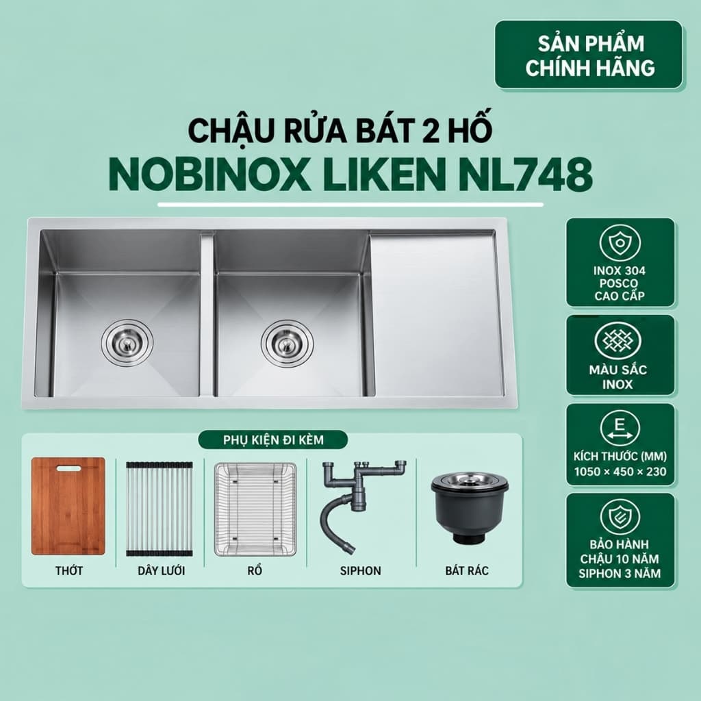 CHẬU RỬA BÁT 2 HỐ NOBINOX LIKEN NL748