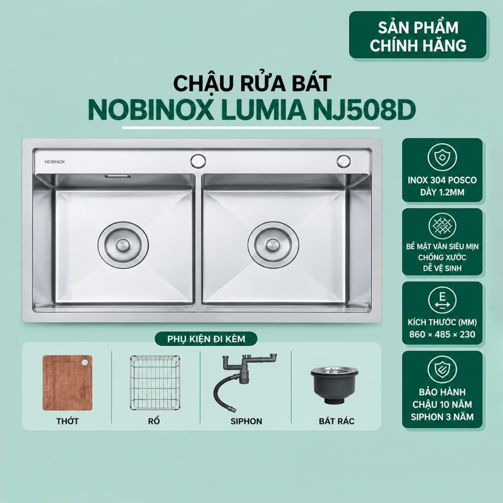 CHẬU RỬA BÁT 2 HỐ NOBINOX LUMIA NJ508D