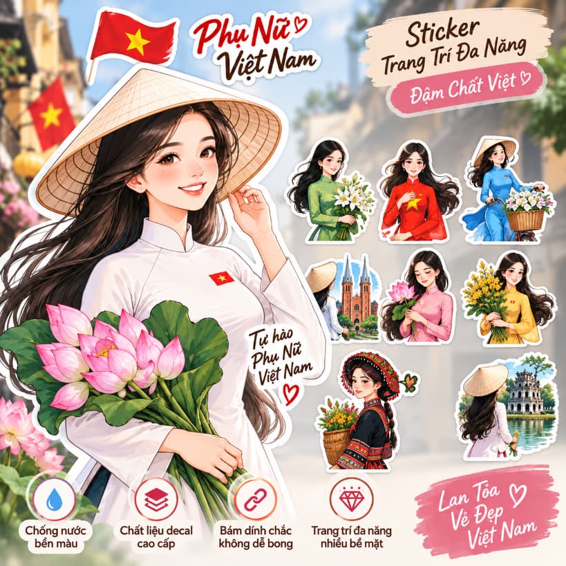 Sticker Văn Hóa Phụ Nữ Việt Nam Cao Cấp Chống Nước Bền Màu Dán Trang Trí Vở Hộp Bút Bình Giữ Nhiệt Laptop