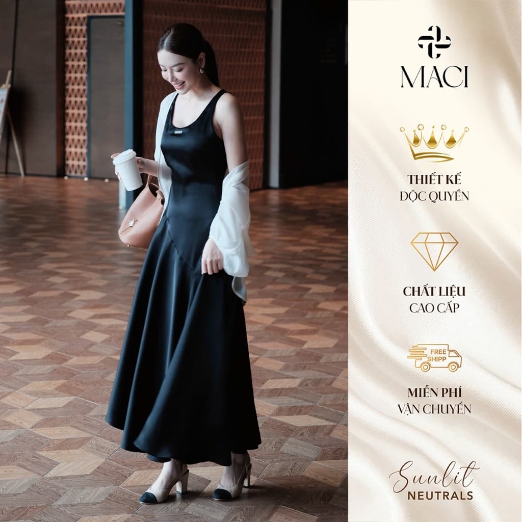 Váy Lụa Queen Bổ Thân Xéo Tà Cách Điệu Đen MACI MCVVADE0408 Thời Trang Nữ Thiết Kế Độc Quyền