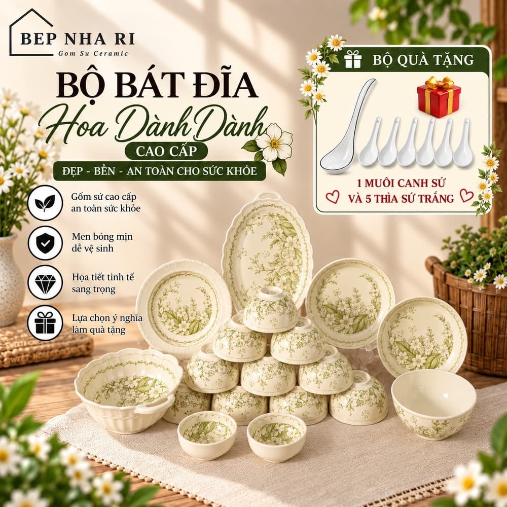 [ BepNhaRi ] Bộ Bát Đĩa Gốm Sứ Họa Tiết Hoa Dành Dành CAO CẤP - Tone Xanh Pastel Nhẹ Nhàng, Thanh Lịch
