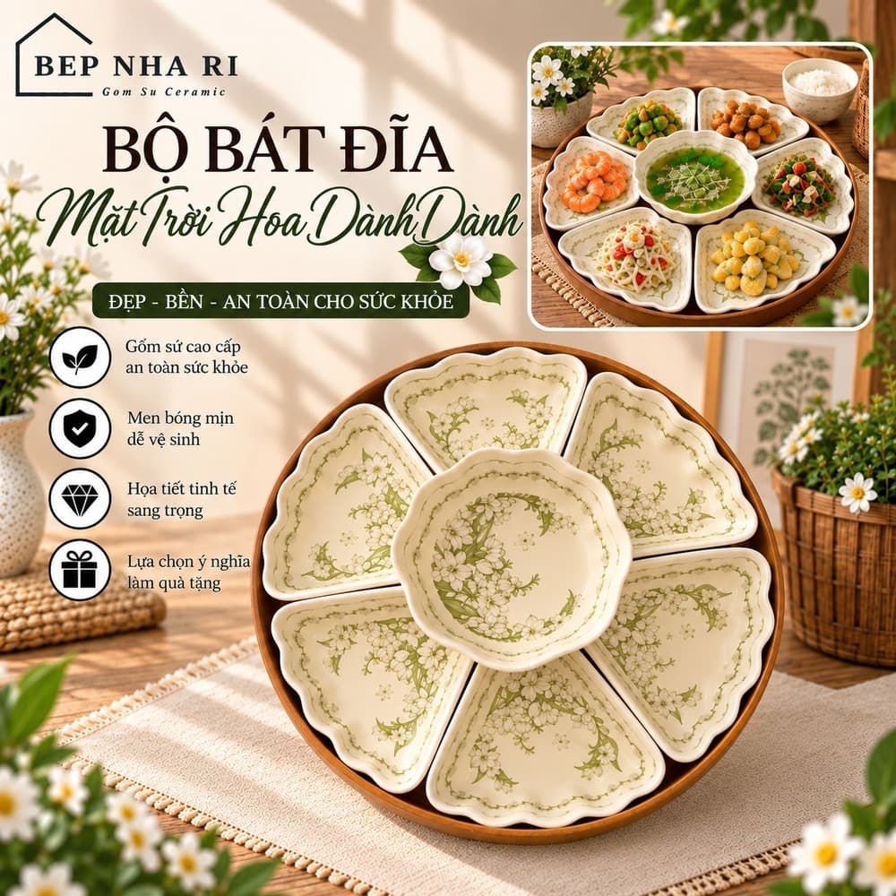 [ BepNhaRi ] Bộ Bát Đĩa Mặt Trời Thắp Hương Gia Tiên họa tiết HOA DÀNH DÀNH – NÉT ĐẸP TRUYỀN THỐNG TRONG MỖI GIA ĐÌNH
