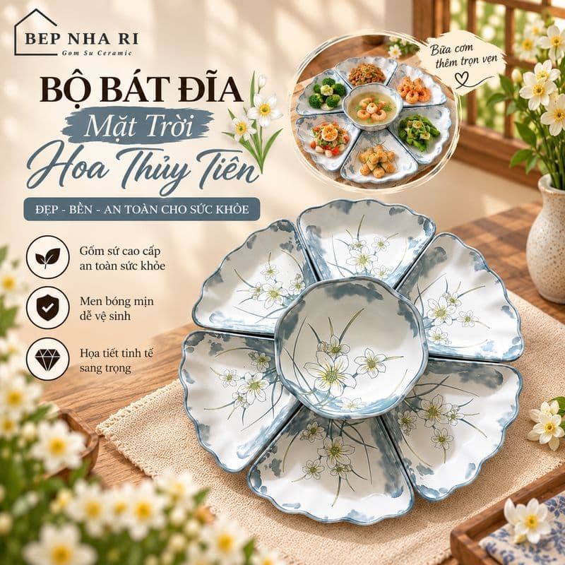 [ BepNhaRi ] Bộ Bát Hoa Mặt Trời Gốm Sứ Ceramic - Họa tiết Hoa Thủy Tiên - dâng lễ Gia Tiên