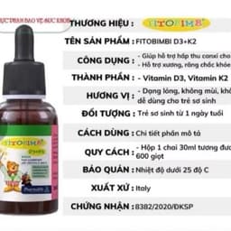 FITOBIMBI D3+K2 30ml - bổ sung vitamin D3 và K2 .giúp hỗ trợ hấp thu canxi cho cơ thể,hỗ trợ xương,răng,còi xương ở trẻ 4