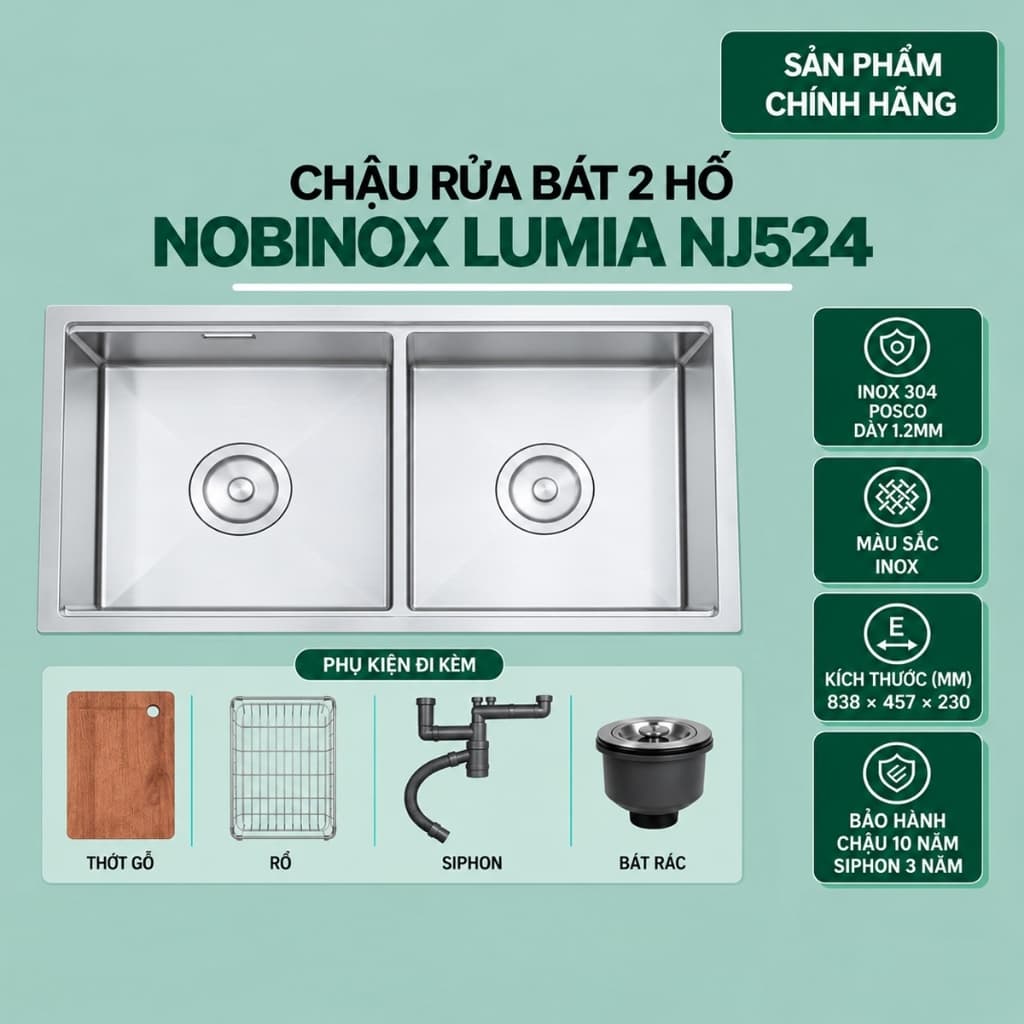 CHẬU RỬA BÁT 2 HỐ NOBINOX LUMIA NJ524