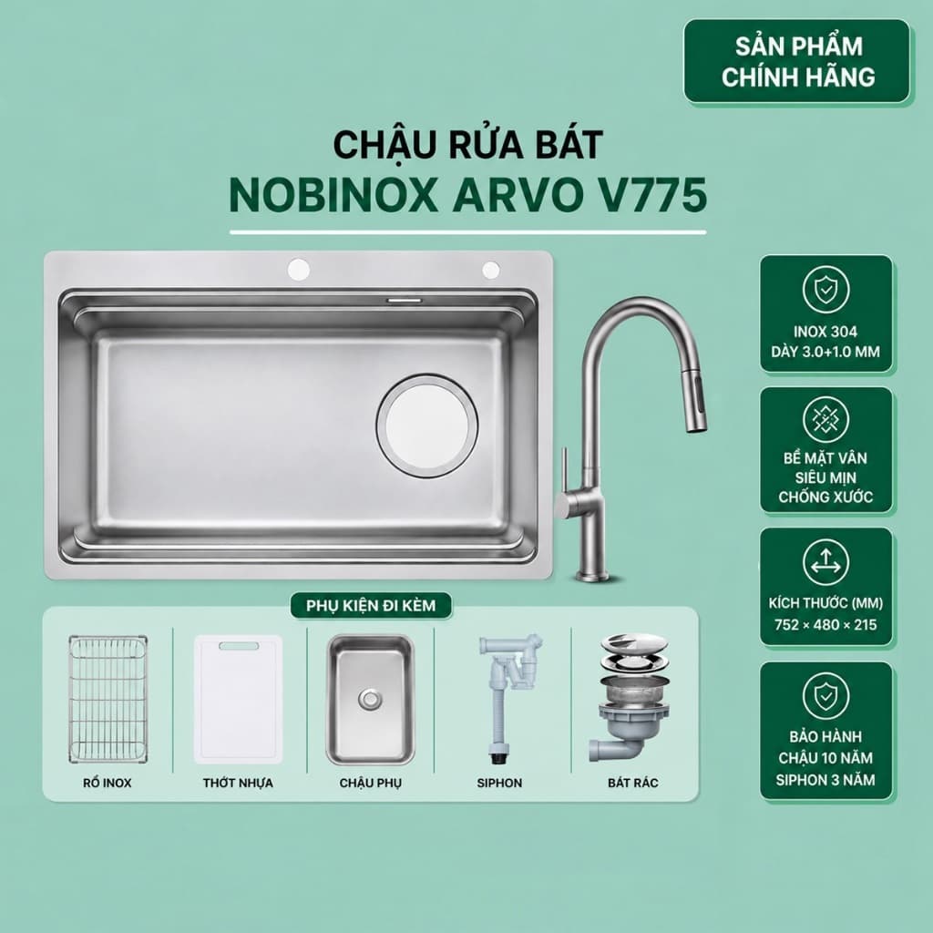 CHẬU RỬA BÁT 1 HỐ NOBINOX ARVO V775